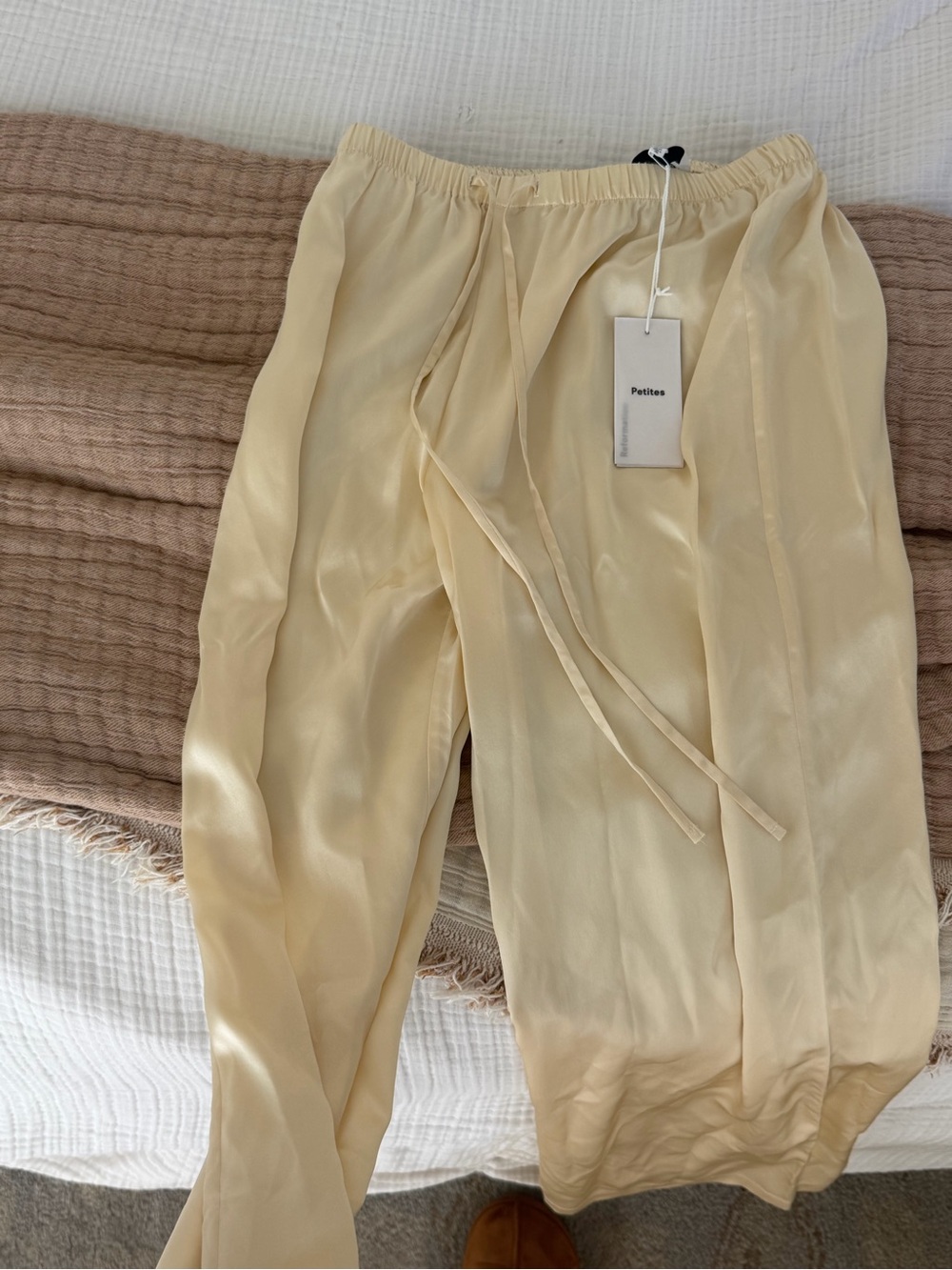 Reformation Pale Yellow Satin Wide-Leg Drawstring Pants